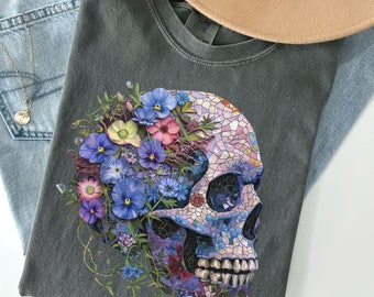 Bloom Skull Shirt, Halloween Shirt, Floral Skull Boho Graphic Tee, Womens Fall Shirt, Flower Skull Skeleton TShirt, Skeleton comfort colors
