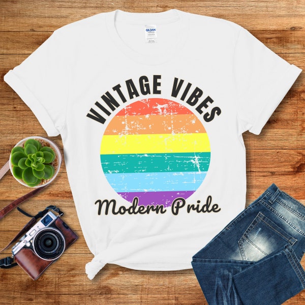 Vintage Rainbow Arc Pride T-Shirt - Retro Style LGBTQ+ Support Tee - Classic Faded Rainbow Pride Shirt - 70s 80s Fashion Pride Month Top