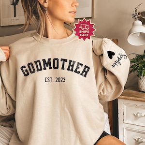 Customized Godmother Sweatshirt with Kid Names on Sleeve, God Mother Shirt, Godmama Gift, Godmother Proposal Crewneck Mother&#39;s Day Gift