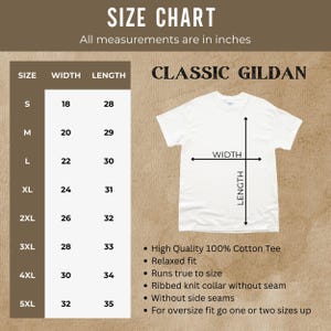 Puede incluir: Tabla de tallas para camisetas Classic Gildan, que muestra las medidas de ancho y largo en pulgadas para las tallas S a 5XL. La tabla incluye detalles sobre la calidad, el ajuste y las caracter&iacute;sticas de la camiseta.
