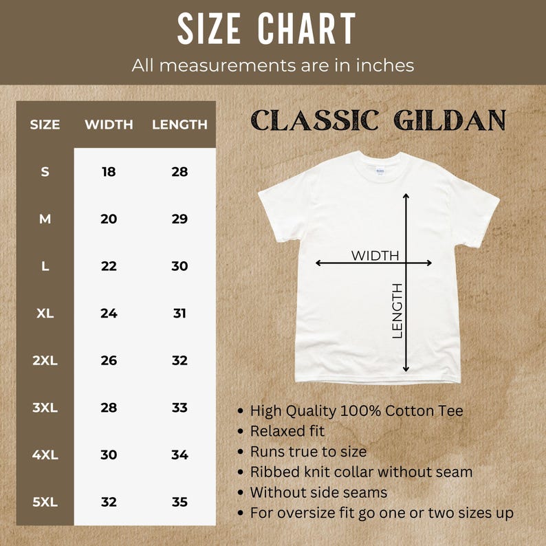 Puede incluir: Tabla de tallas para camisetas Classic Gildan, que muestra las medidas de ancho y largo en pulgadas para las tallas S a 5XL. La tabla incluye detalles sobre la calidad, el ajuste y las caracter&iacute;sticas de la camiseta.