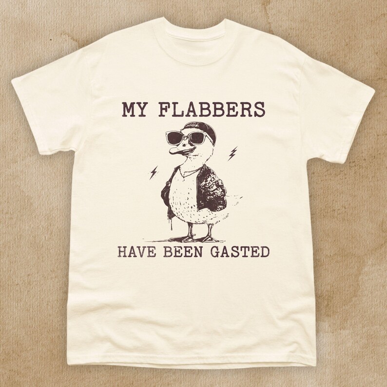 Puede incluir: Una camiseta blanca con un gr&aacute;fico marr&oacute;n de un pato con gafas de sol y una gorra. El texto "My flabbers have been gasted" est&aacute; impreso en la camiseta.