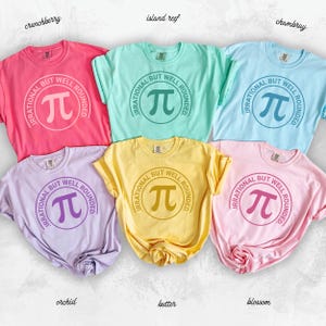 May include: A collection of six colorful t-shirts in shades of pink, blue, green, yellow, and purple. Each shirt features a circular design with the pi symbol and the text "IRRATIONAL BUT WELL ROUNDED."