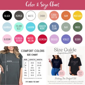 May include: A size chart for unisex t-shirts in a variety of colors. The chart shows the length and width measurements in inches for sizes S through 3XL. The chart also includes a size guide with a model wearing a medium and an extra-large t-shirt.