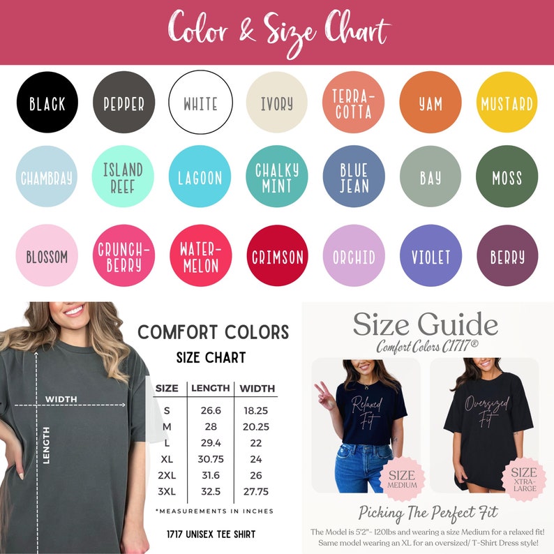 May include: A size chart for unisex t-shirts in a variety of colors. The chart shows the length and width measurements in inches for sizes S through 3XL. The chart also includes a size guide with a model wearing a medium and an extra-large t-shirt.