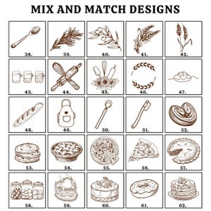 Pu&ograve; includere: Un set di 62 illustrazioni in bianco e nero di vari articoli legati alla cottura e alla cucina. Le illustrazioni sono disposte in una griglia di 6 righe e 10 colonne. Le illustrazioni includono articoli come un cucchiaio, un mattarello, una frusta, una pagnotta di pane, una torta, una pizza, una torta e una ciambella.