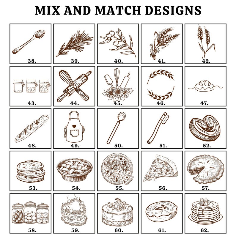 Pu&ograve; includere: Un set di 62 illustrazioni in bianco e nero di vari articoli legati alla cottura e alla cucina. Le illustrazioni sono disposte in una griglia di 6 righe e 10 colonne. Le illustrazioni includono articoli come un cucchiaio, un mattarello, una frusta, una pagnotta di pane, una torta, una pizza, una torta e una ciambella.