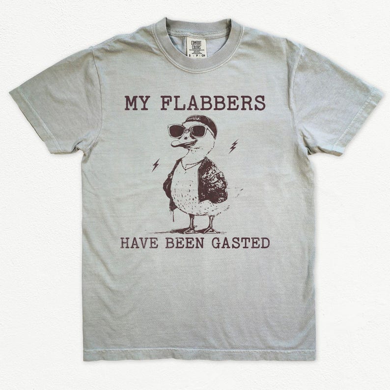 Puede incluir: Una camiseta gris claro con un pato de dibujos animados que lleva gafas de sol y una chaqueta de cuero. El texto "My Flabbers Have Been Gasted" est&aacute; impreso en la camiseta.