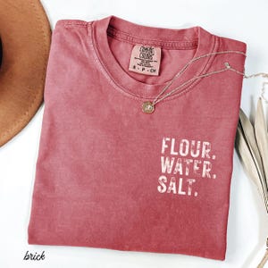 May include: Brick-colored Comfort Colors t-shirt with the words "FLOUR. WATER. SALT." printed in white. A silver necklace with a pendant is draped across the shirt. The shirt is folded and lies on a white surface.
