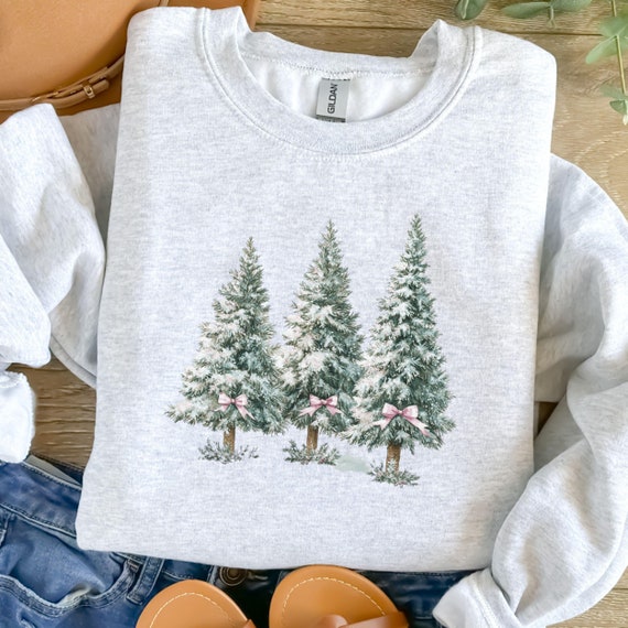 Vintage Christmas Tree Sweatshirt, T-Shirt, or Hoodie – Retro Holiday Pine Trees with Pink Bows – Cozy Winter Apparel, Cute Christmas Gift