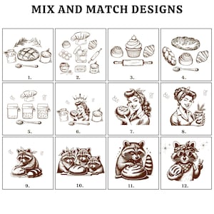 Pu&ograve; includere: Dodici illustrazioni in bianco e nero su temi di panificazione e panificazione. Le illustrazioni includono un panettiere, una donna con una corona, una donna con una bandana, un procione, una pagnotta di pane, un cupcake, un mattarello, una ciotola per mescolare e un barattolo di farina.
