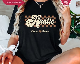 Personalized Auntie Shirt, Checkered Auntie Shirt, Custom Kids Names Aunt Shirt Retro Auntie Shirt, New Aunt Shirt, Auntie Gift, Aunt Hoodie