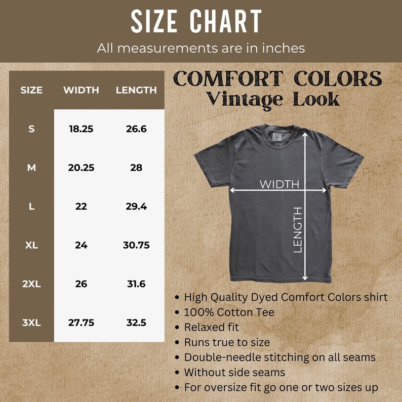 Puede incluir: Tabla de tallas para una camiseta con medidas en pulgadas. La tabla muestra el ancho y la longitud de la camiseta en las tallas S, M, L, XL, 2XL y 3XL. La tabla tambi&eacute;n incluye informaci&oacute;n sobre la tela y el ajuste de la camiseta, como "High Quality Dyed Comfort Colors shirt", "100% Cotton Tee", "Relaxed fit", "Runs true to size", "Double-needle stitching on all seams", "Without side seams", and "For oversize fit go one or two sizes up".