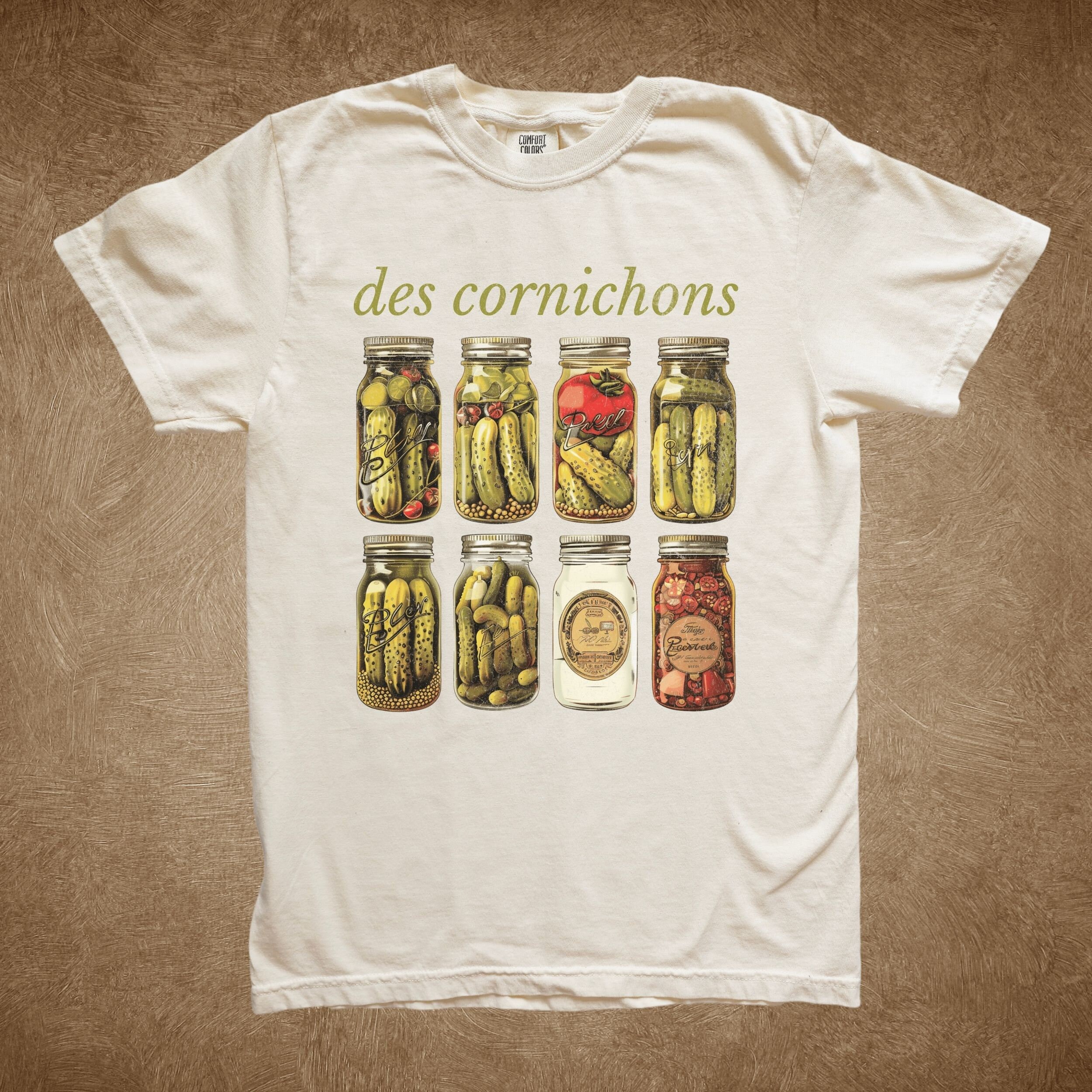 Vintage French Pickle Jars T-Shirt - Des Cornichons Comfort Colors Shirt - Quirky Culinary Art - Perfect Gift for Food Lovers,  Pickle Shirt