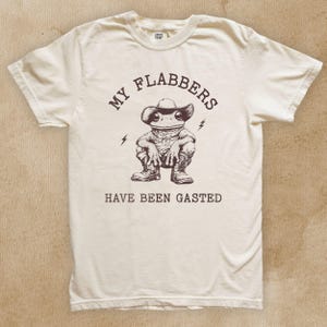 May include: A white t-shirt with a brown graphic of a frog wearing a cowboy hat and the text "My Flabbers Have Been Gasted".