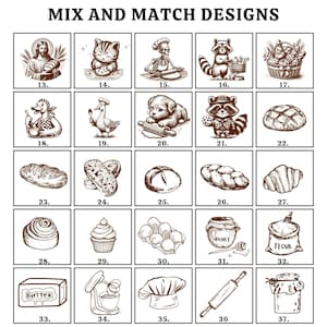 Pu&ograve; includere: Un set di 37 illustrazioni in bianco e nero con vari temi legati alla panificazione e alla cucina. Le illustrazioni includono un fornaio scheletro, un gatto, un procione, una pagnotta di pane, un mattarello, un cappello da chef, un sacco di farina, un barattolo di miele, un cupcake, una ciotola di uova, un barattolo di burro e un'impastatrice.