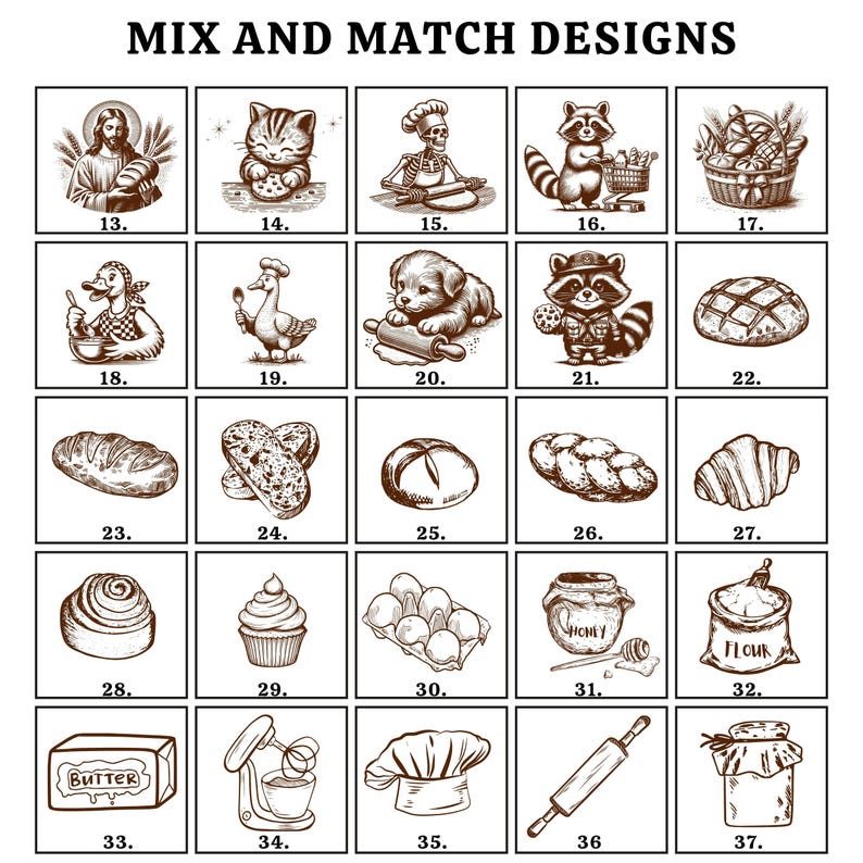 Pu&ograve; includere: Un set di 37 illustrazioni in bianco e nero con vari temi legati alla panificazione e alla cucina. Le illustrazioni includono un fornaio scheletro, un gatto, un procione, una pagnotta di pane, un mattarello, un cappello da chef, un sacco di farina, un barattolo di miele, un cupcake, una ciotola di uova, un barattolo di burro e un'impastatrice.