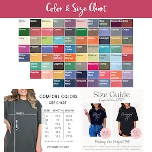 May include: A size chart for unisex t-shirts with a color chart showing various colors. The chart includes measurements for different sizes in inches. The chart also includes a size guide with images of a relaxed fit and an oversized fit.