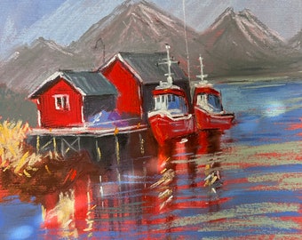 Terminal de ferry de Kilboghavn, Noruega Pintura Pastel Original 8,5x11,5