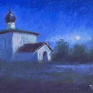 The Night landscape with a church Original Pastel Painting 4.5x7
