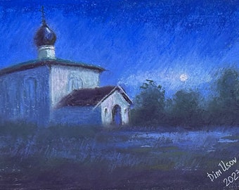 El Paisaje Nocturno con una Iglesia Pintura Pastel Original 4.5x7