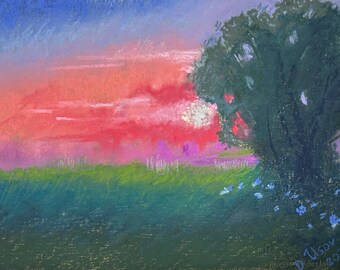 La puesta de sol brillante Original Pastel Painting 4.5x7