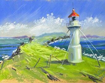 Mykines, Islas Feroe Pintura Pastel Original 8,5x11.5