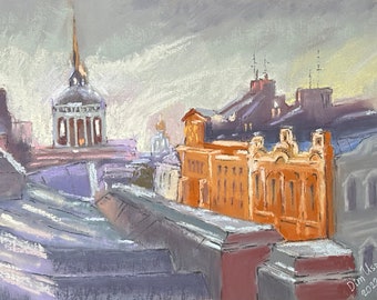 El Atardecer en San Petersburgo Pintura Pastel Original 8,5x11.5