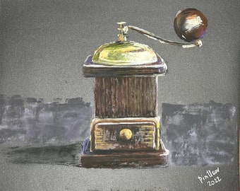 El Viejo Molinillo de Café Pintura Pastel Original 8.5x11