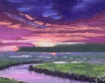 El río de las rosas Pintura original al pastel 4.5x7