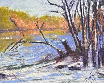 Nieve en el lago Pintura Pastel Original 4.5x7