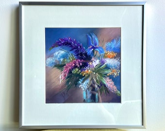 Summer Bouquet with Lupins Pastel Painting 12x12 frame