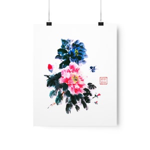Print - Blue and Pink Peony Flower Butterfly Chinese Painting