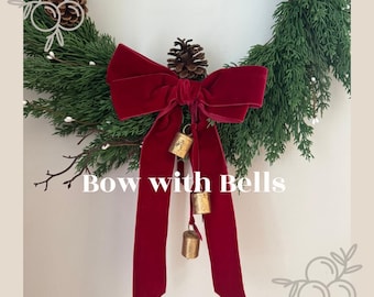 Red Velvet Ribbon Wreath Bow with Bells: Christmas Decor