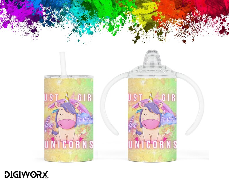 UNICORN Kids Dual Lid Sippy Cup 12oz TUMBLER Wrap Png, Digital Download