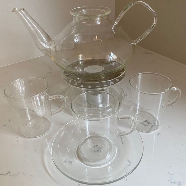 Vintage Schott Mainz Jena Glass ~ Tea Pot ~ Cup ~ Saucer ~ Warmer Mid ~  Century Modern