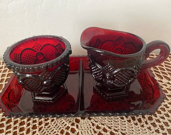 Vintage Avon 1876 Cape Cod ~ Ruby Red ~ Creamer & Sugar (3 pc.) ~ Mint