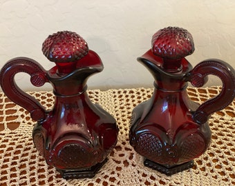 Vintage Avon 1876 Cape Cod ~ Ruby Red ~ 2 Cruets w/stoppers ~ Mint