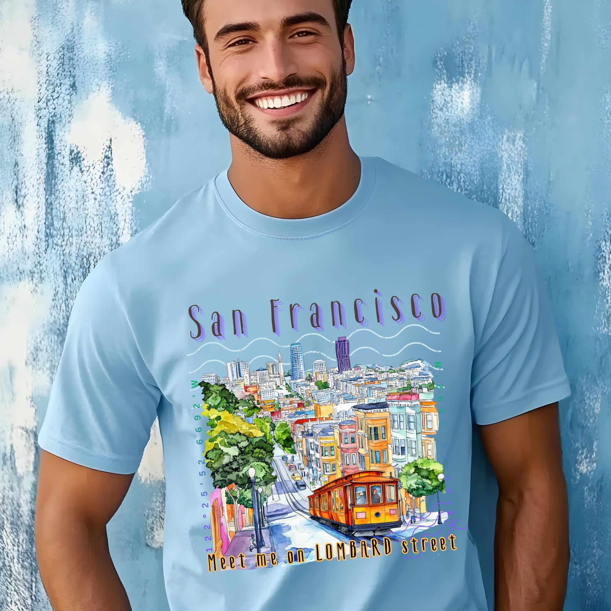 90s サンフランシスコ アートTシャツ USA製 ケーブルカー 水彩画 Art サンフランシスコ ケーブルカー イラスト T シャツ | ロンバード