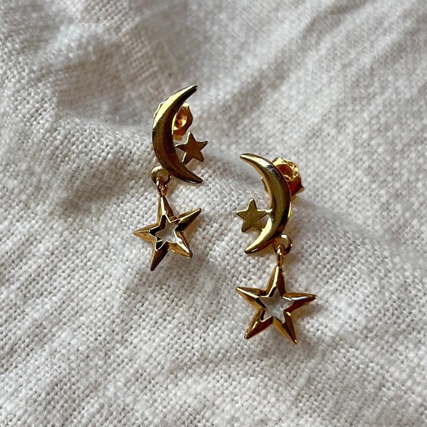 14-Karat Gold - Celestial Star and Moon Dangle Drop Charm Earrings - 1990s Vintage