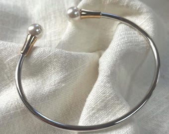 Sterling Silver - Pearl Bangle Cuff Bracelet - 2000s Vintage