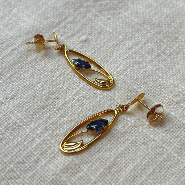 14-Karat Gold -Sapphire Floral Dangle Drop Earring - 1990s Vintage