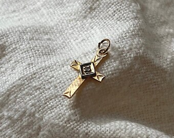 14-Karat Gold - Diamond and Yellow Gold Geometric Cross Charm - 1990s Vintage