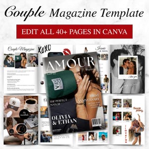 以下が含まれることがあります： 「Couple Magazine Template」というタイトルの雑誌テンプレートで、「Edit All 40+ Pages in Canva」というテキストが表示されています。雑誌の表紙にはカップルが写っており、「AMOUR」という単語と「Issue 22」というテキストが表示されています。他のページには写真とテキストが表示されています。