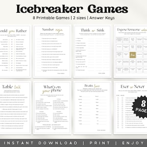 May include: Eight printable icebreaker games in two sizes, with answer keys. The games include "Would You Rather," "Number Ninja," "Think or Sink," "Expose Someone Who," "Table Talk," "What's on Your Phone," "Brain Twin," and "Ever or Never."