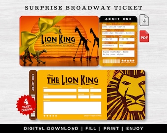 May include: Digital download of a "Lion King" theatre ticket design. The design features the show's logo, giraffe silhouettes, and a golden bow. Includes a ticket with details for Emma Louise Carter, Cambridge Theatre, London.