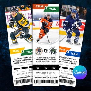 May include: Three hockey-themed birthday tickets with player images. Each ticket features a different team's colors and a message: "HAPPY BIRTHDAY SON! HAVE FUN AND ENJOY THE GAME. LOVE MOM & DAD."