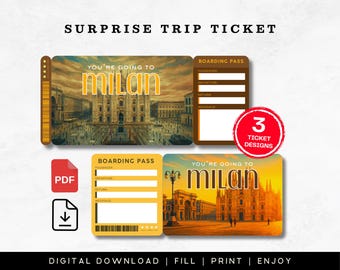 Milan Surprise Trip Ticket, Editable Boarding Pass, Vacation Ticket, Trip Ticket