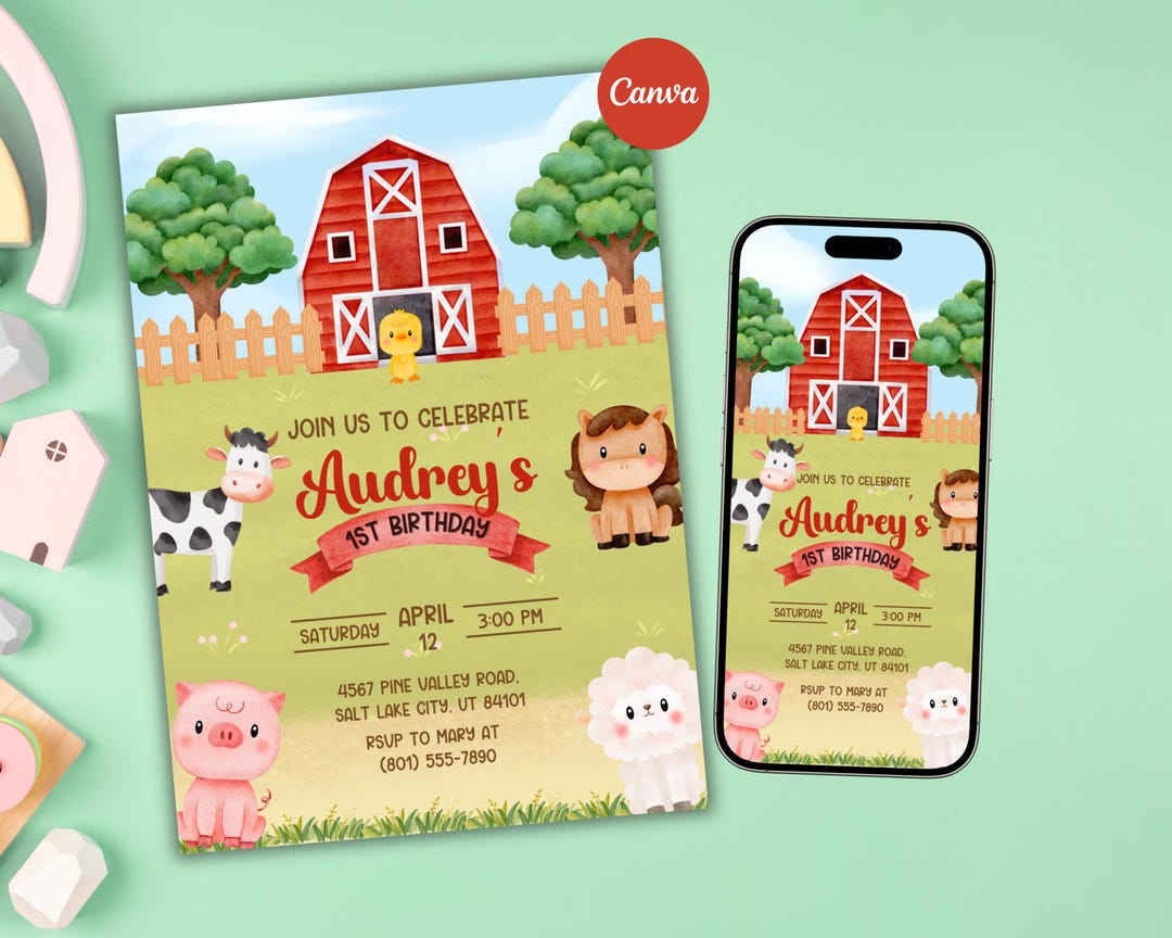 Farm Barnyard Birthday Invitation Template, Farm Animals Birthday Party ...