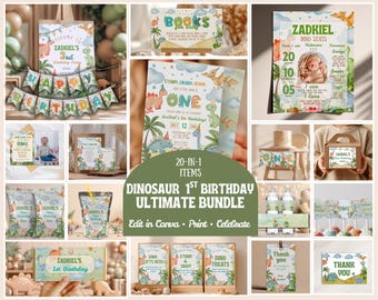 Puede incluir: Un conjunto de decoraciones y suministros para fiestas con temática de dinosaurios. Incluye pancartas, invitaciones, letreros y bolsas de golosinas. Se puede leer el texto "Dinosaur 1st Birthday Ultimate Bundle", junto con "Edit in Canva Print Celebrate".
